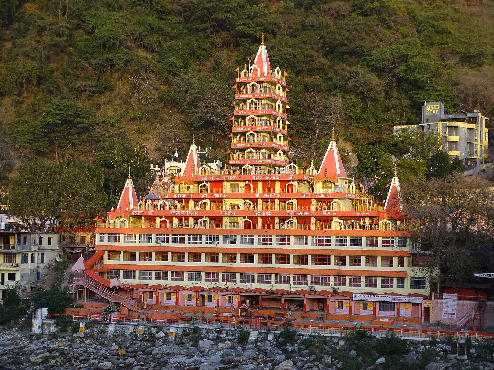 Historic Trayambakeshwar temple beside the emerald Ganges in Rishikesh