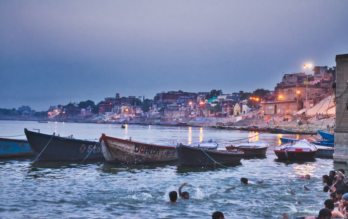 Evening Ganga Aarti fire ceremony on the sacred riverbanks of Varanasi