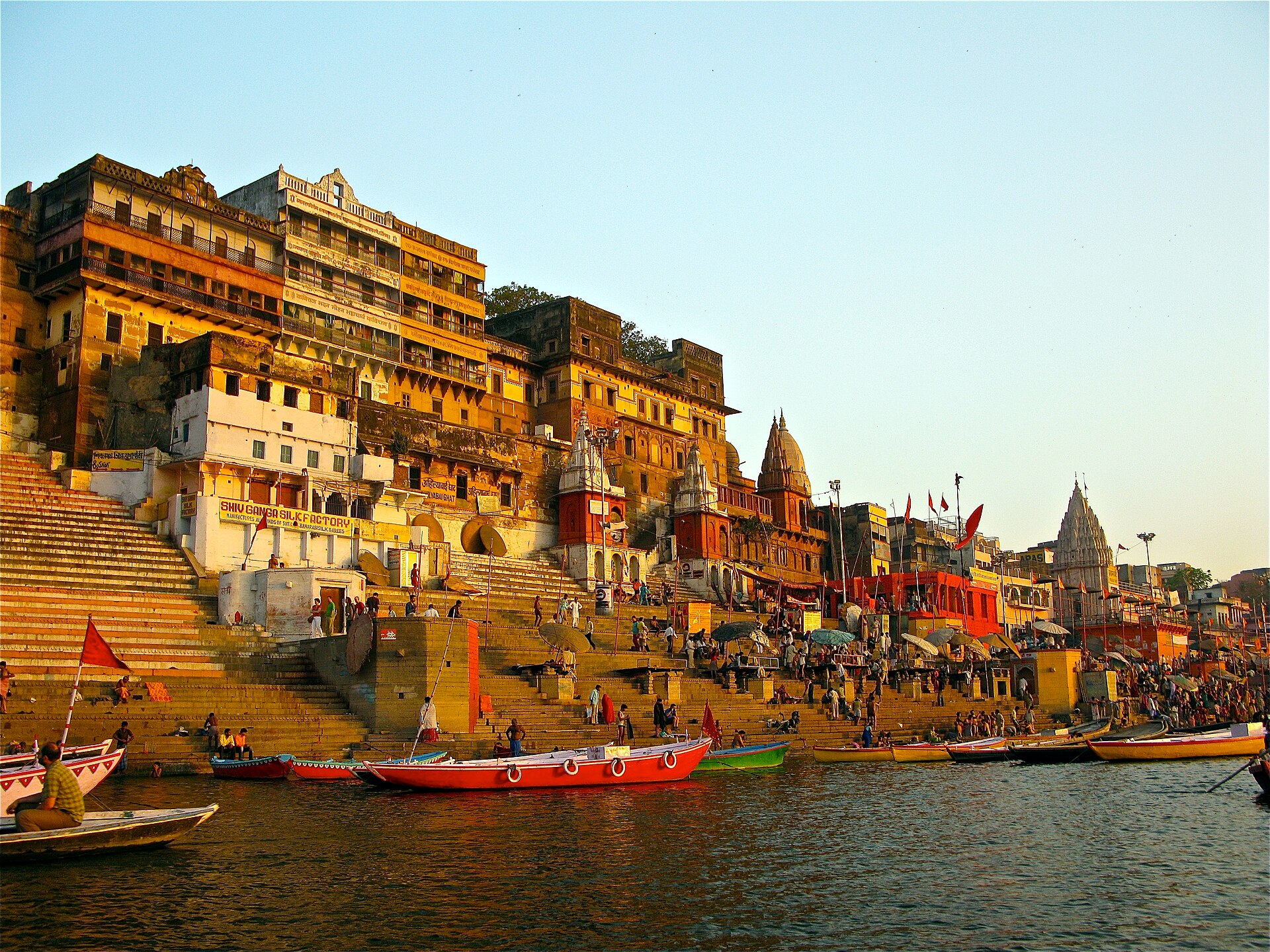 Sacred River Ganges and ancient stone ghats of Varanasi